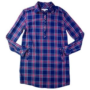 Southern Tide Women's Plaid Shirt Dress Size Medium Long Sleeve Roll Tab Navy